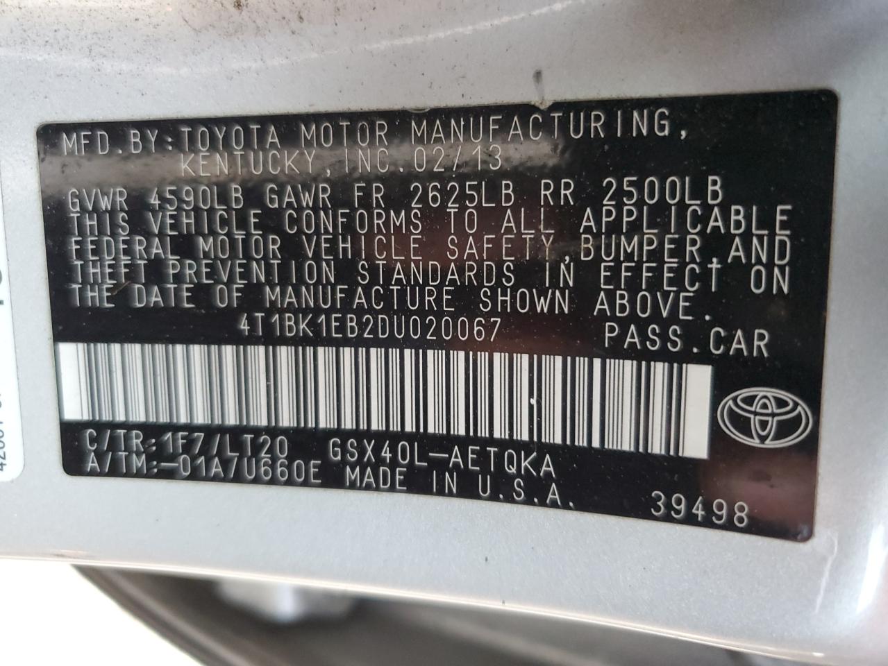 2013 Toyota Avalon Base VIN: 4T1BK1EB2DU020067 Lot: 61792795