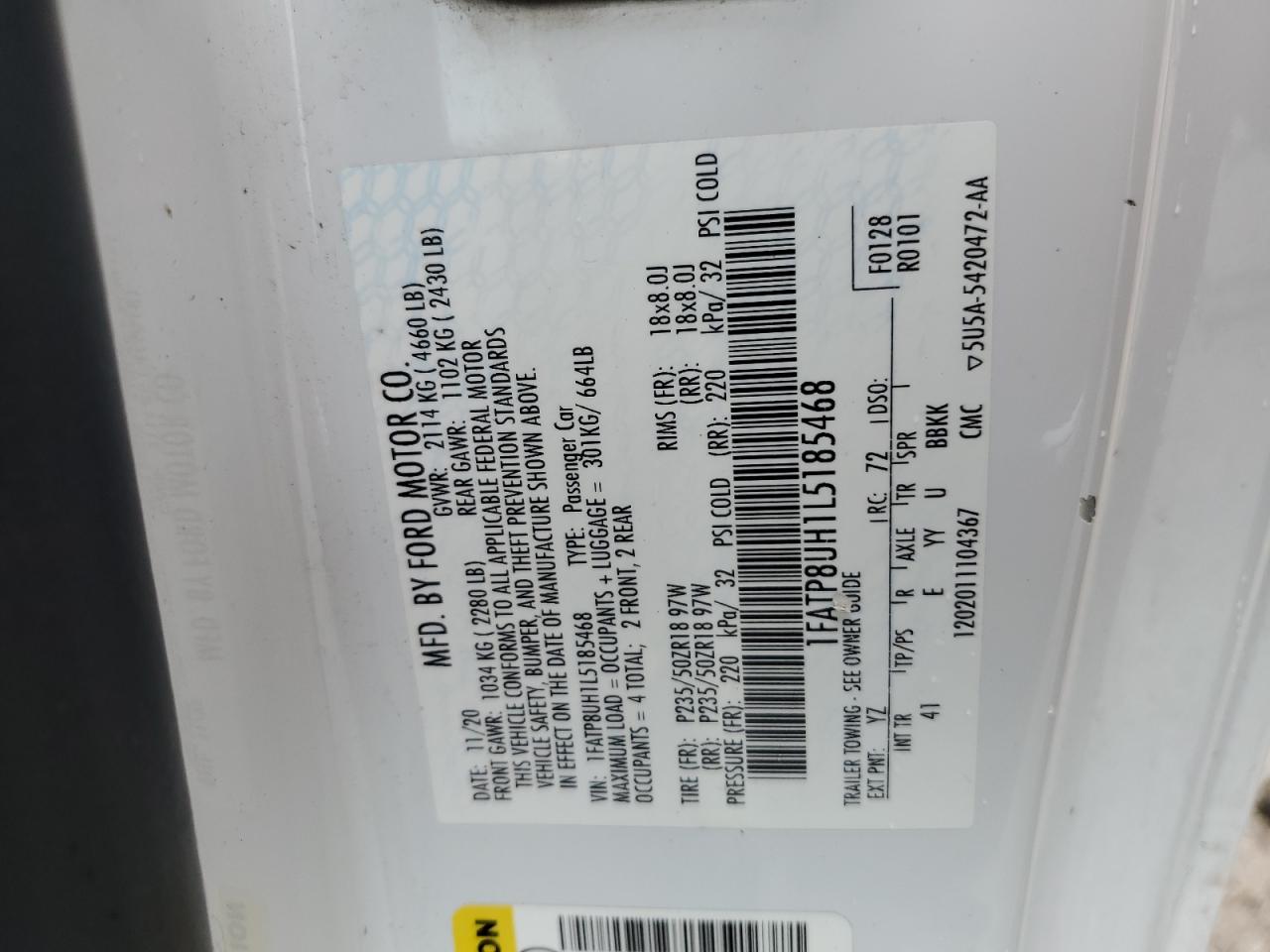 2020 Ford Mustang VIN: 1FATP8UH1L5185468 Lot: 60738345