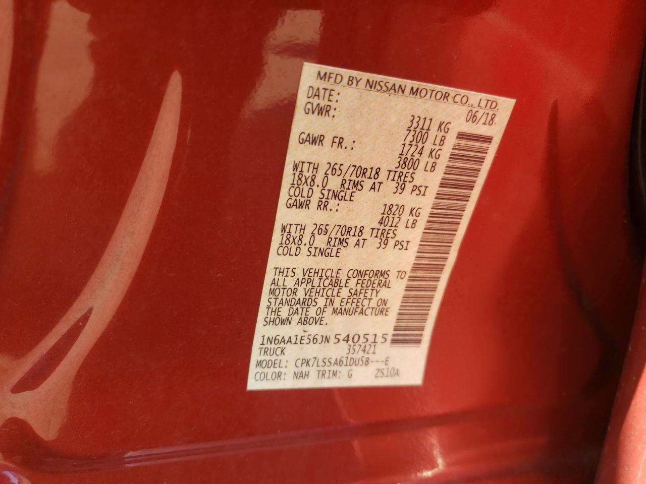 2018 Nissan Titan Sv VIN: 1N6AA1E56JN540515 Lot: 61862355