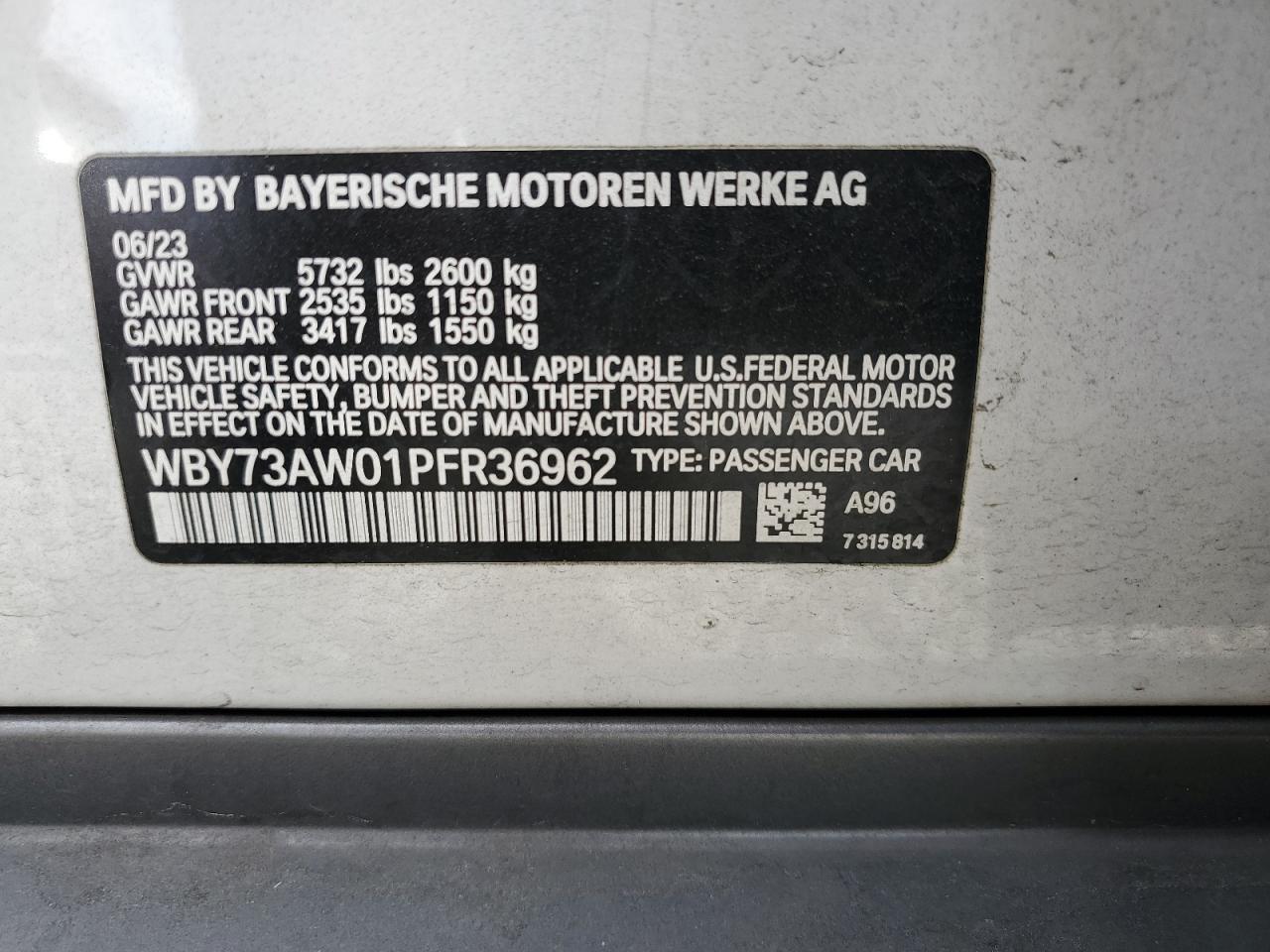 2023 BMW I4 Edrive 40 VIN: WBY73AW01PFR36962 Lot: 59053415