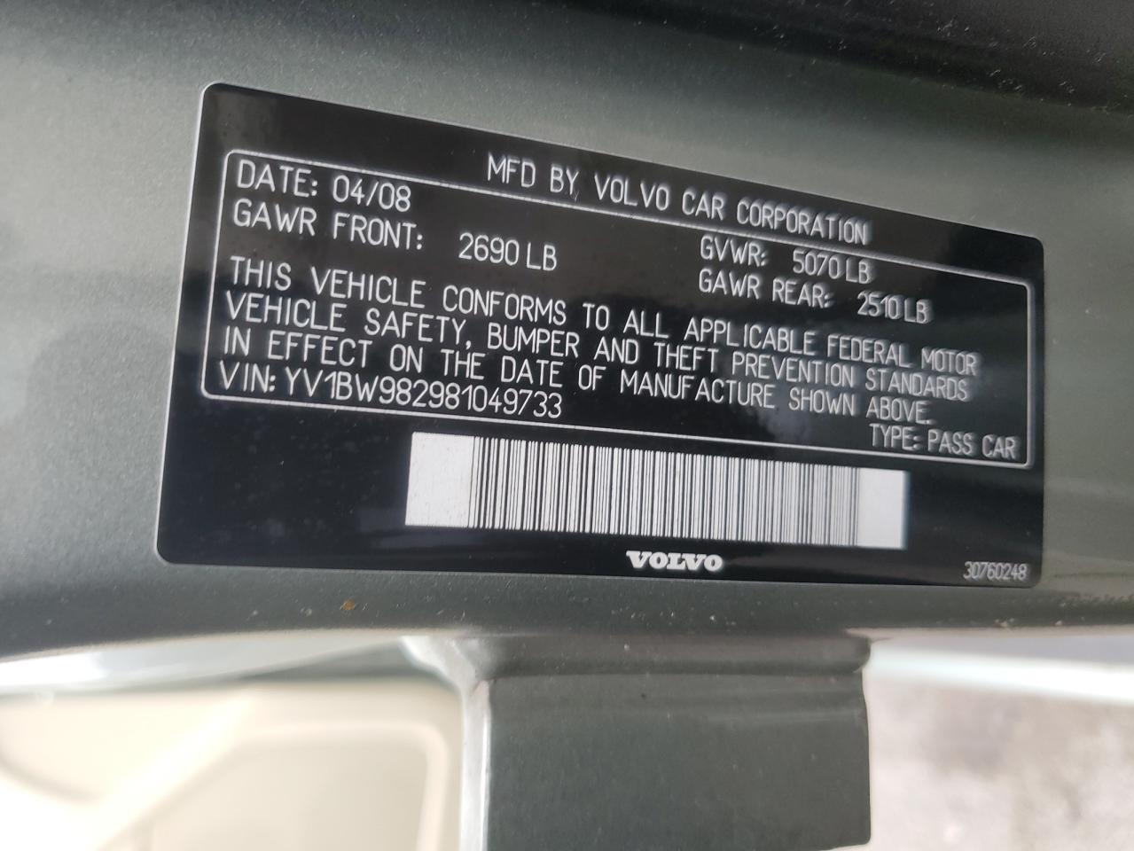 2008 Volvo V70 3.2 VIN: YV1BW982981049733 Lot: 61089315