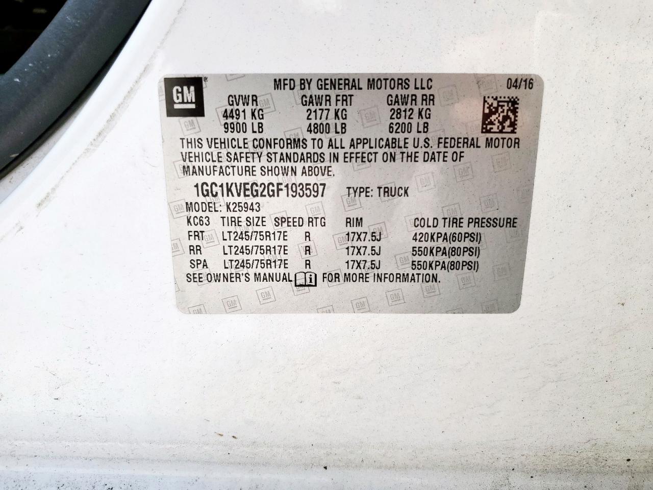 2016 Chevrolet Silverado K2500 Heavy Duty Lt VIN: 1GC1KVEG2GF193597 Lot: 61504255