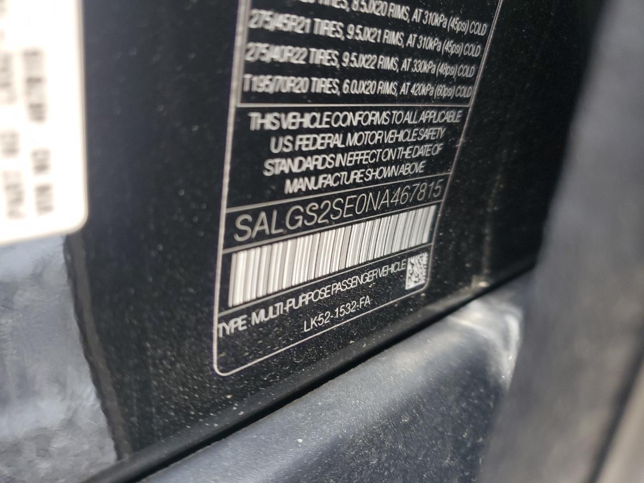2022 Land Rover Range Rover Westminster Edition VIN: SALGS2SE0NA467815 Lot: 62197595