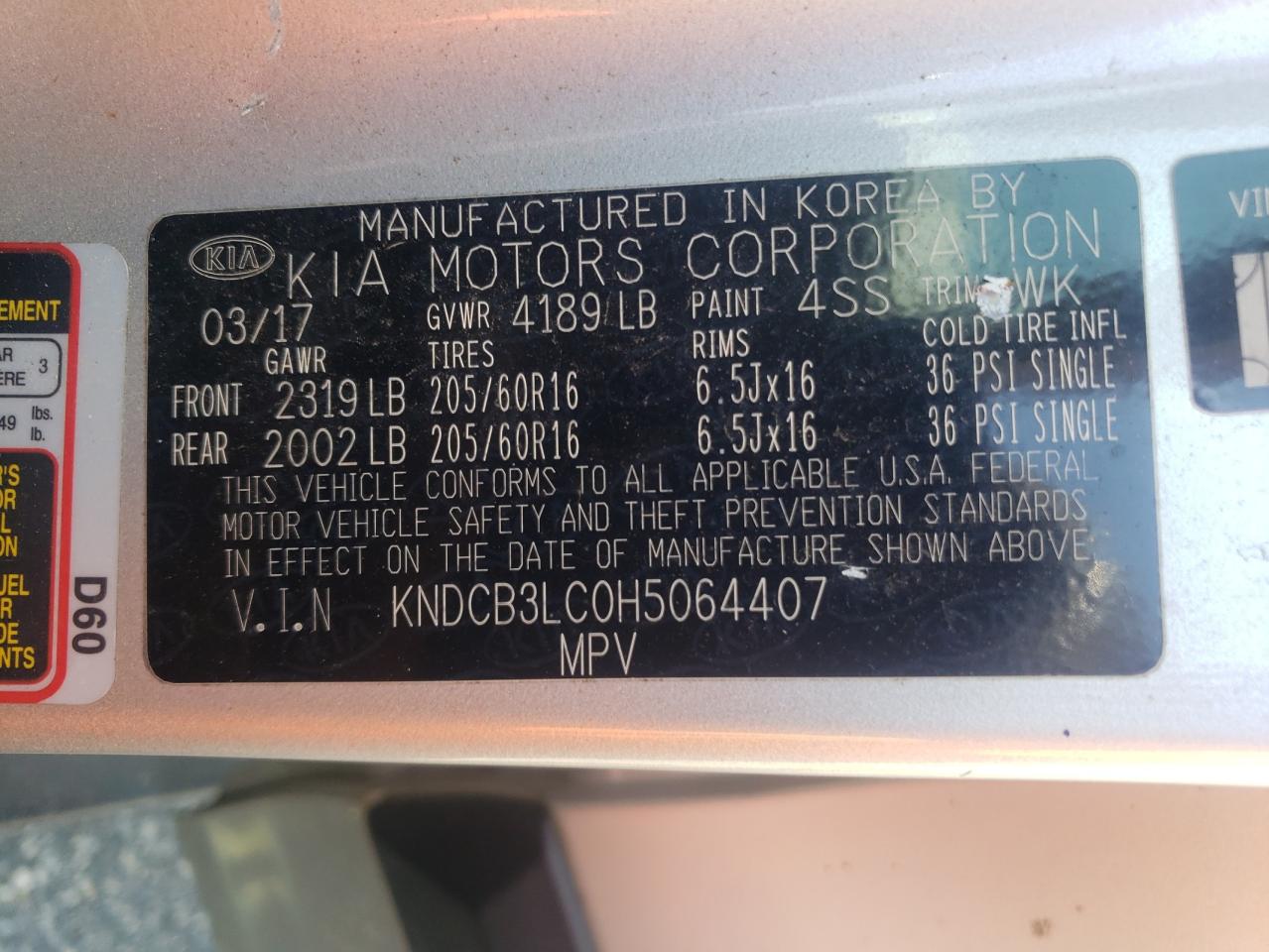 2017 Kia Niro Fe VIN: KNDCB3LC0H5064407 Lot: 63741335