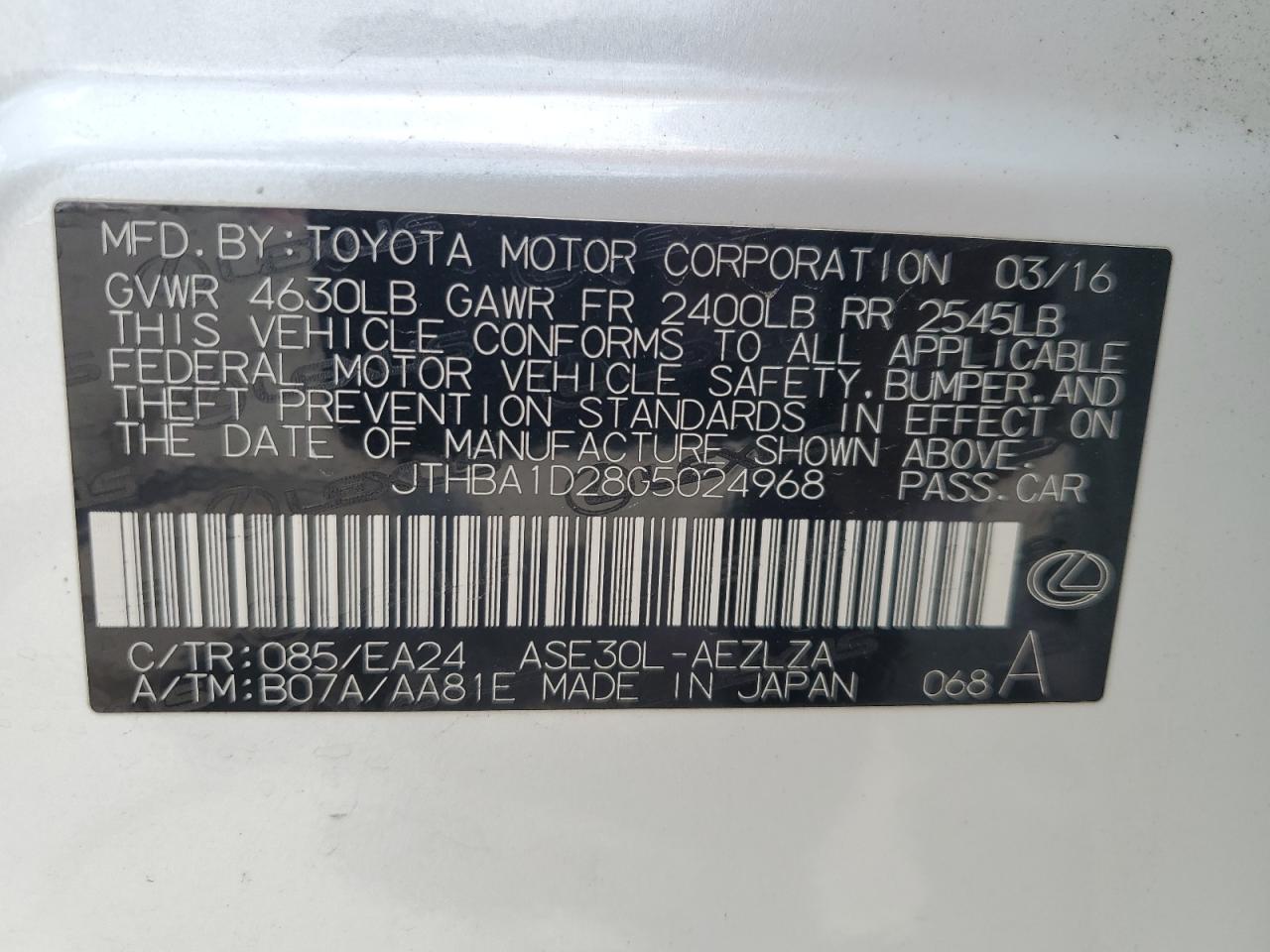 2016 Lexus Is 200T VIN: JTHBA1D28G5024968 Lot: 62684525