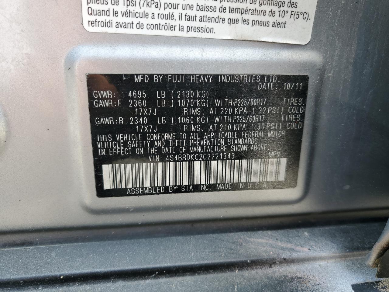 2012 Subaru Outback 3.6R Limited VIN: 4S4BRDKC2C2221343 Lot: 63139985