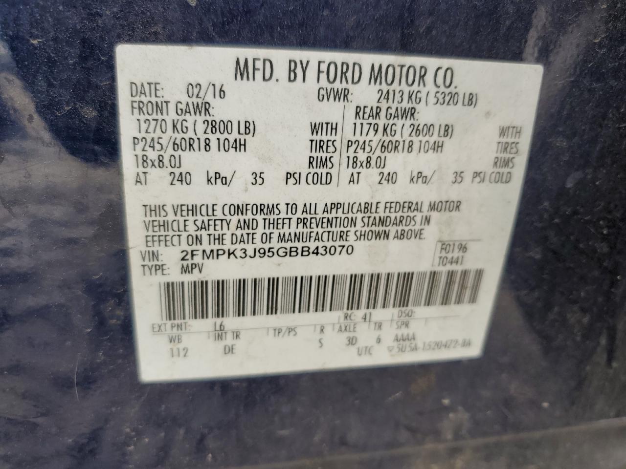 2016 Ford Edge Sel VIN: 2FMPK3J95GBB43070 Lot: 61194595