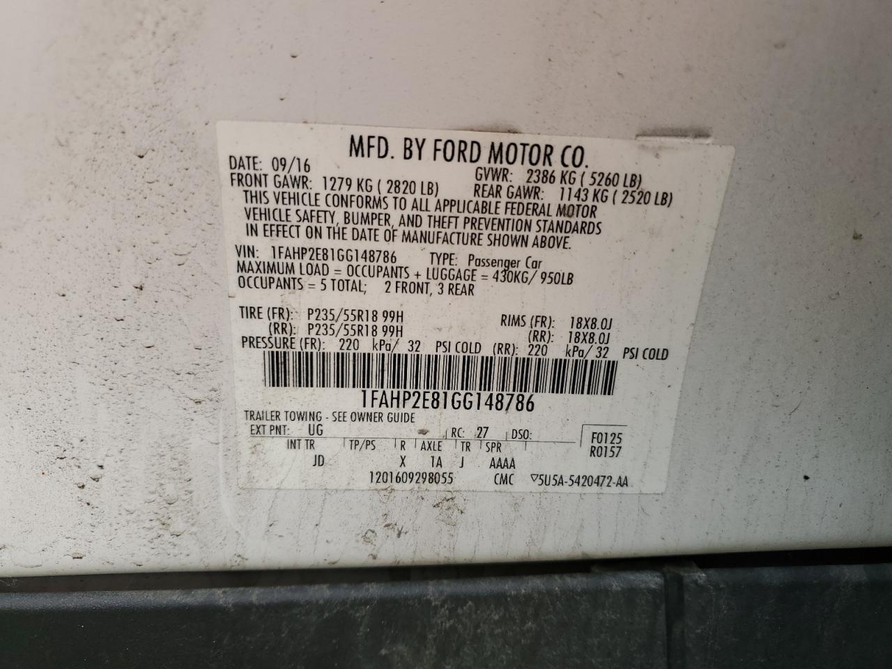 2016 Ford Taurus Sel VIN: 1FAHP2E81GG148786 Lot: 60113405