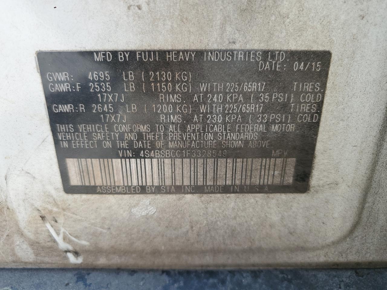 2015 Subaru Outback 2.5I Premium VIN: 4S4BSBCC1F3328549 Lot: 61634235