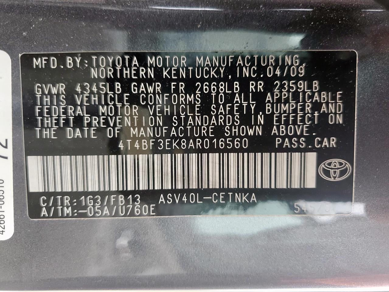 2010 Toyota Camry Base VIN: 4T4BF3EK8AR016560 Lot: 62663165