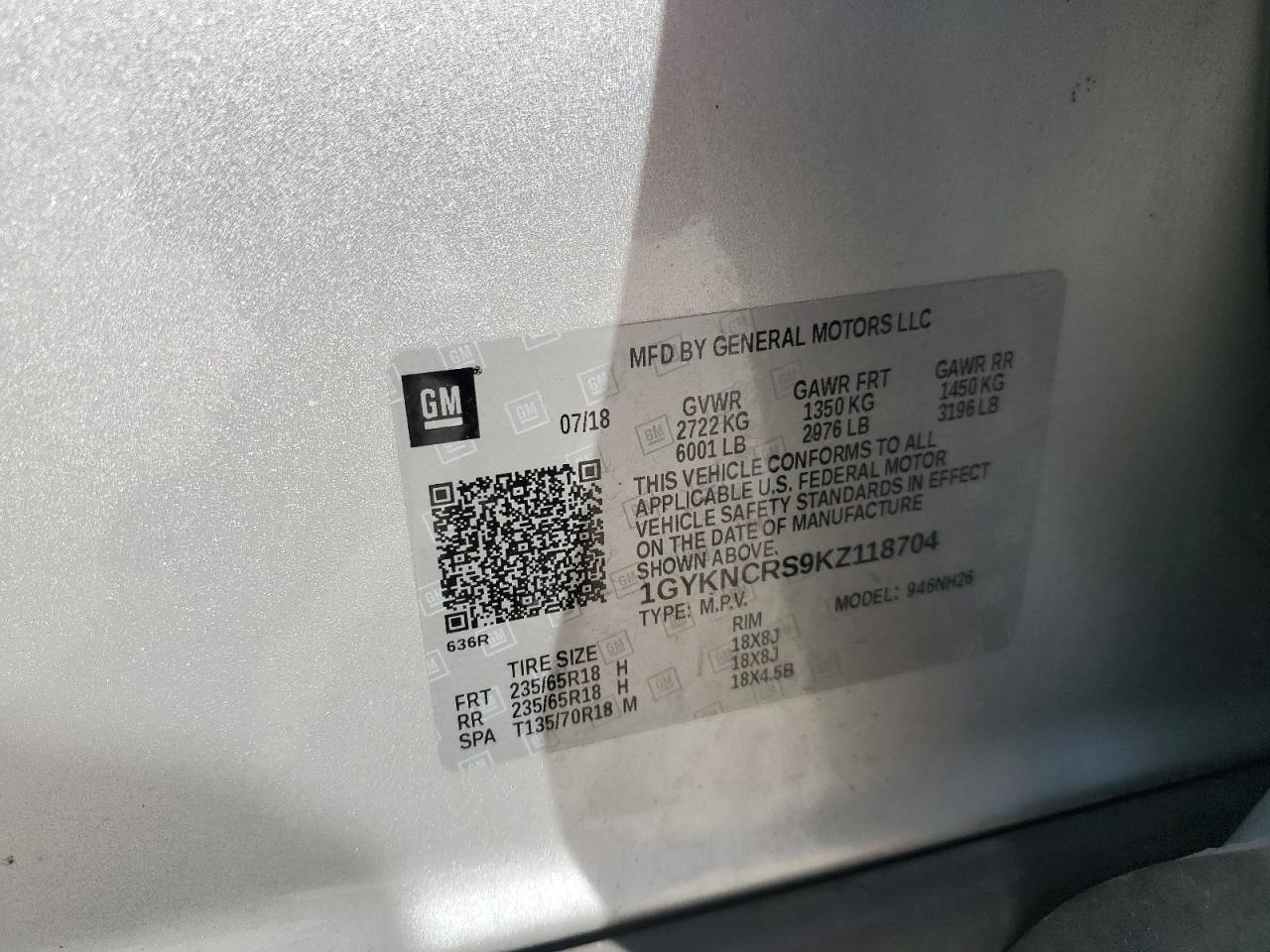 2019 Cadillac Xt5 Luxury VIN: 1GYKNCRS9KZ118704 Lot: 61826465