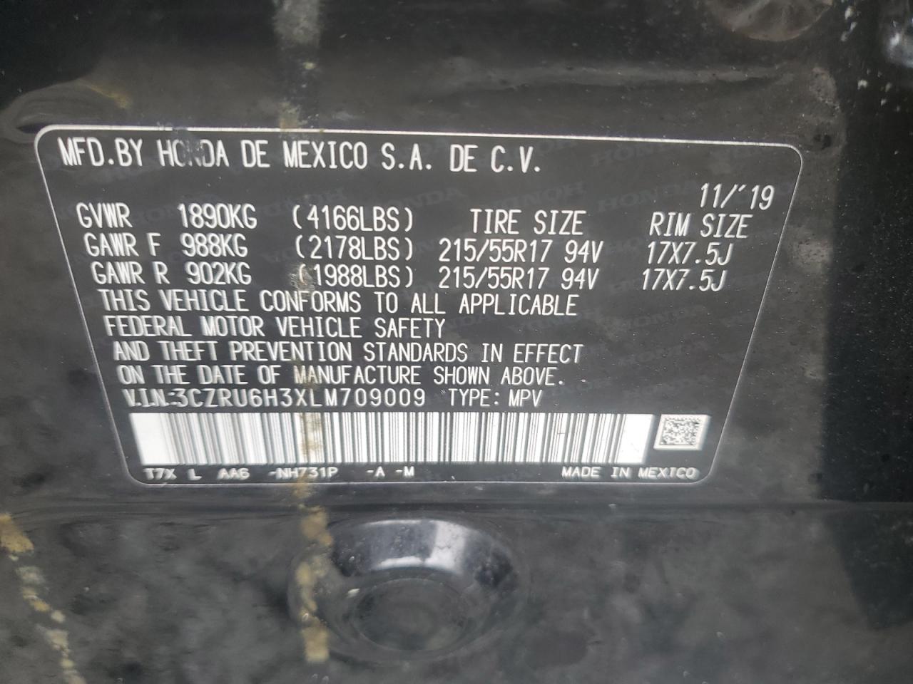 2020 Honda Hr-V Lx VIN: 3CZRU6H3XLM709009 Lot: 59709525