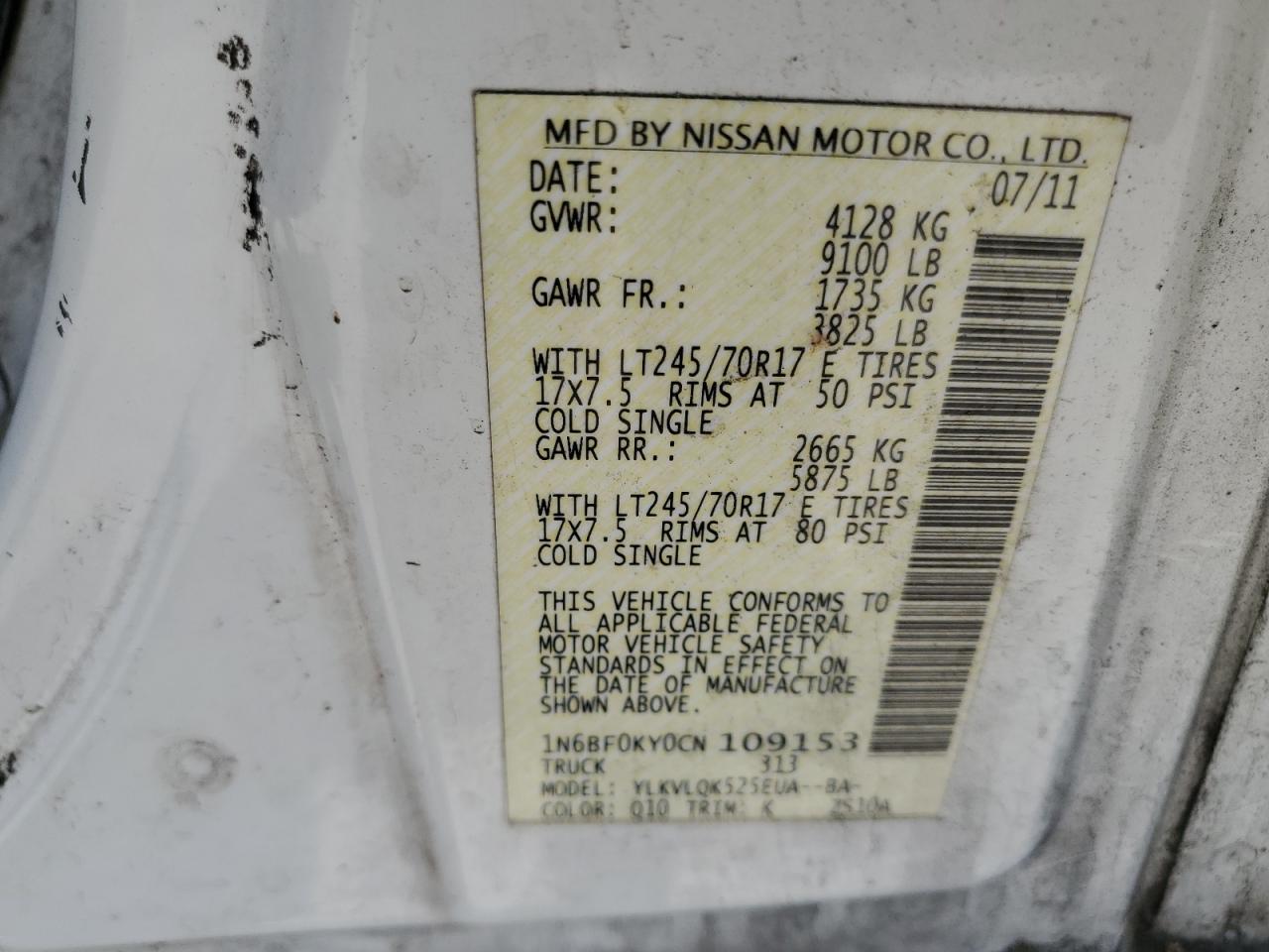 2012 Nissan Nv 1500 VIN: 1N6BF0KY0CN109153 Lot: 61785205