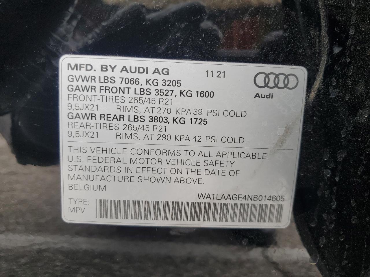 2022 Audi E-Tron Premium Plus VIN: WA1LAAGE4NB014605 Lot: 61127385