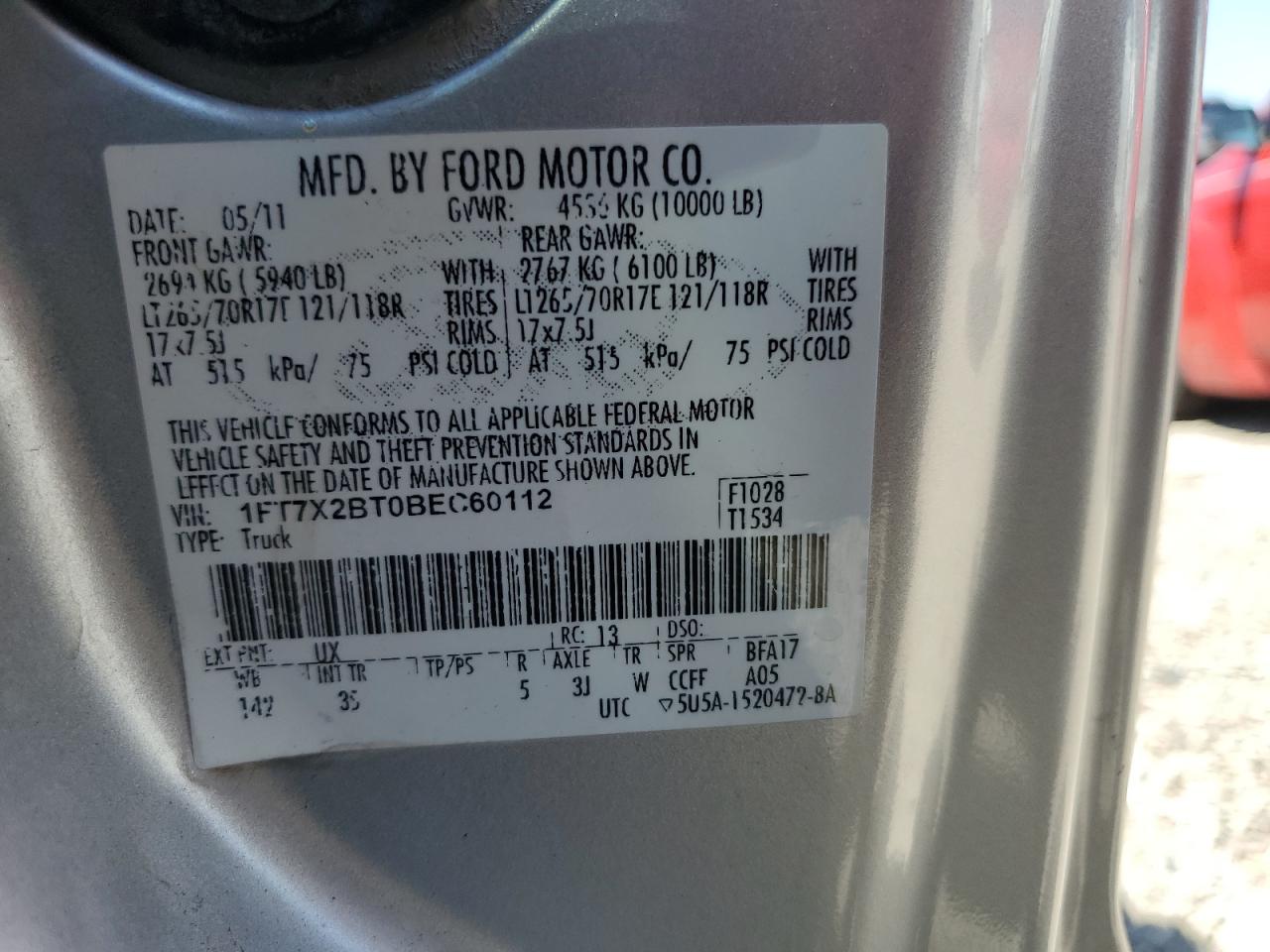 2011 Ford F250 Super Duty VIN: 1FT7X2BT0BEC60112 Lot: 62155405