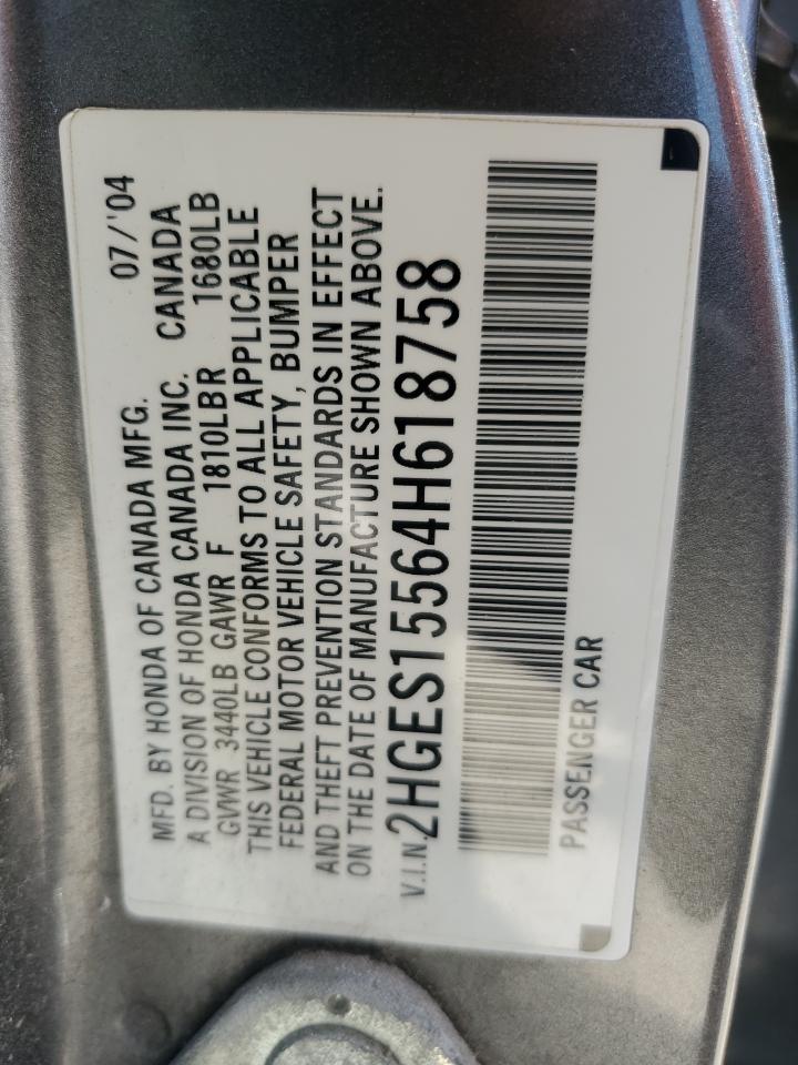2004 Honda Civic Lx VIN: 2HGES15564H618758 Lot: 61986415