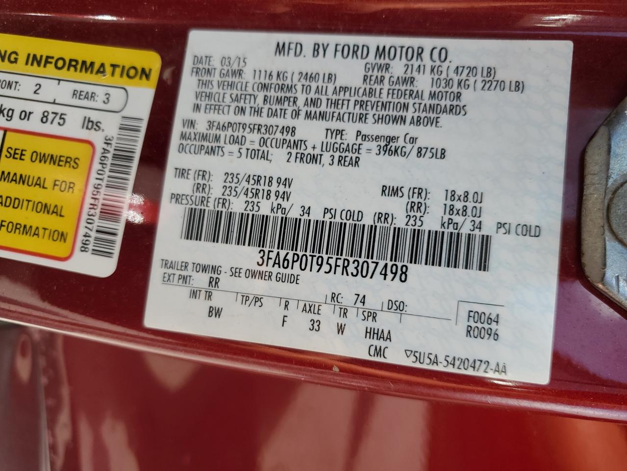 FORD FUSION 2015 VIN 3FA6P0T95FR307498 фото 12