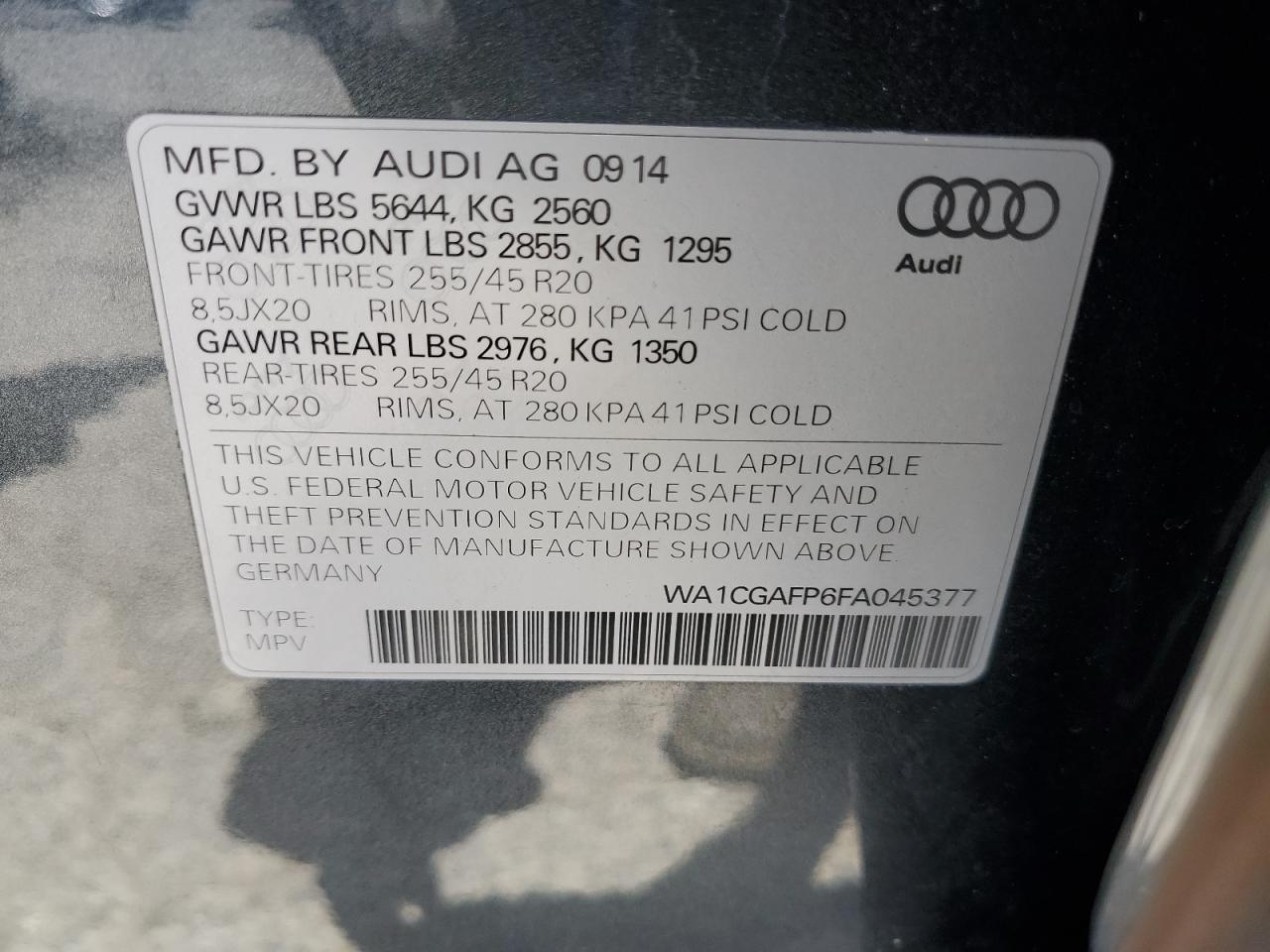 2015 Audi Sq5 Premium Plus VIN: WA1CGAFP6FA045377 Lot: 61869415