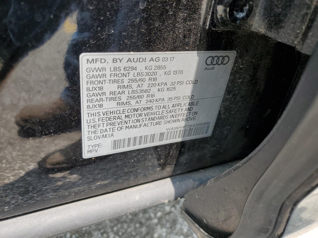 2017 Audi Q7 Premium VIN: WA1AHAF73HD050865 Lot: 59944715