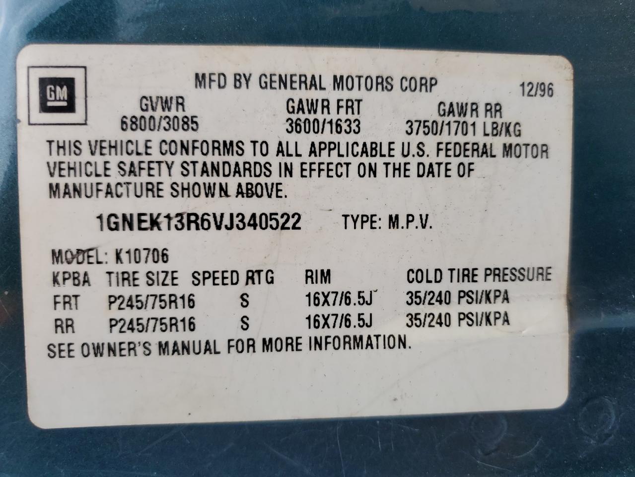 1997 Chevrolet Tahoe K1500 VIN: 1GNEK13R6VJ340522 Lot: 62493055