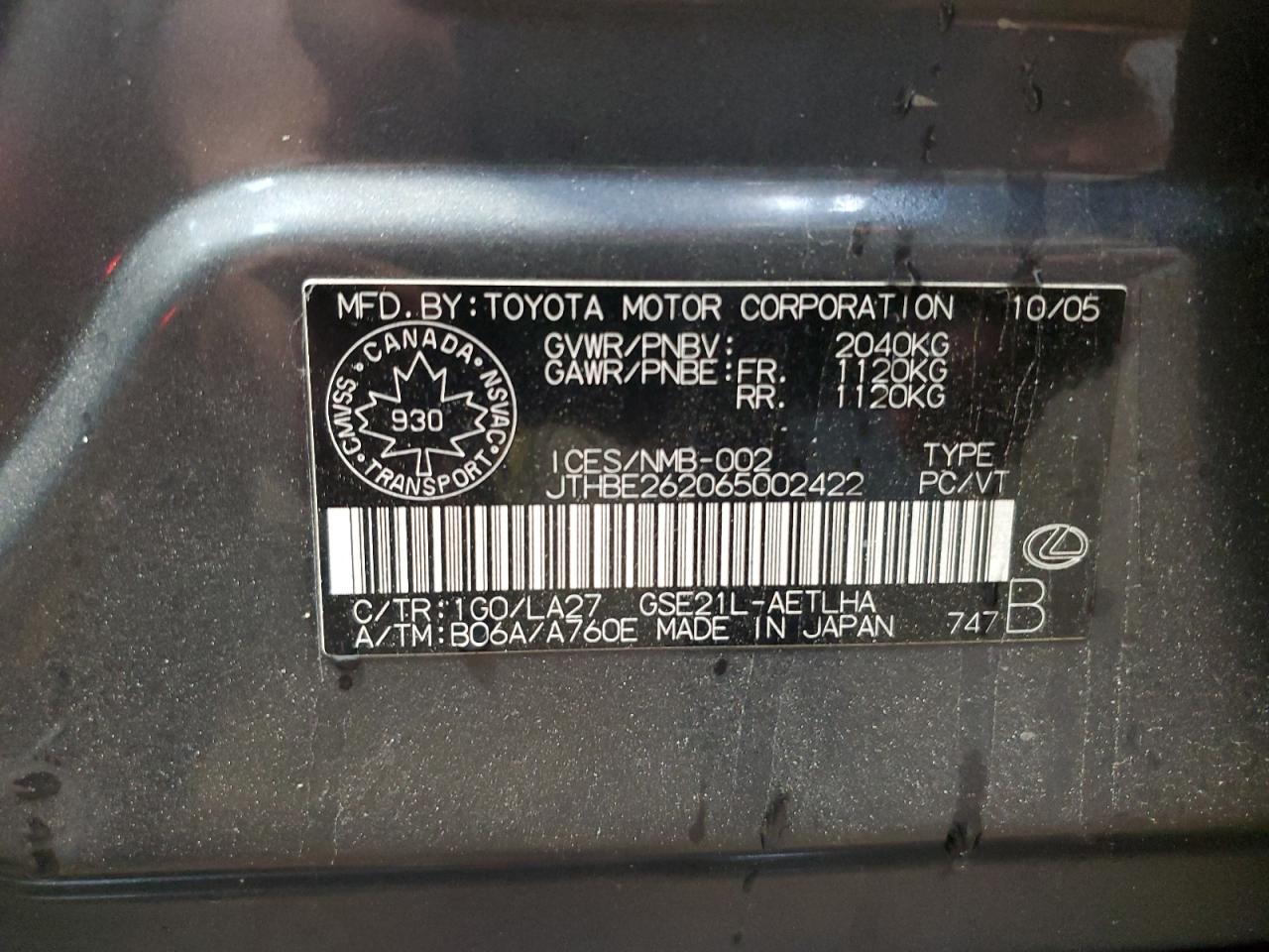 2006 Lexus Is 350 VIN: JTHBE262065002422 Lot: 62385705