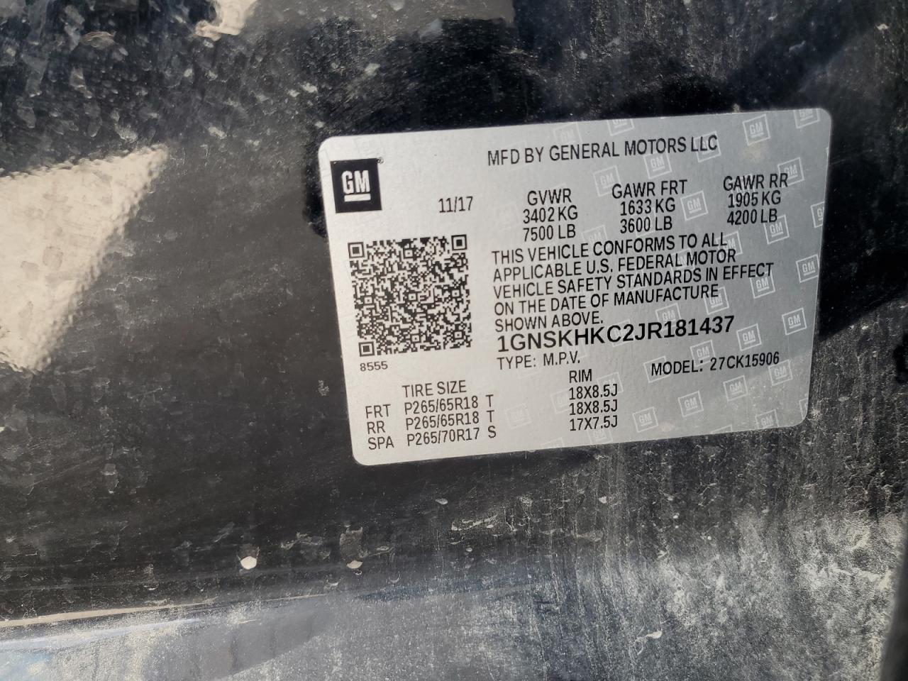 2018 Chevrolet Suburban K1500 Lt VIN: 1GNSKHKC2JR181437 Lot: 62150525