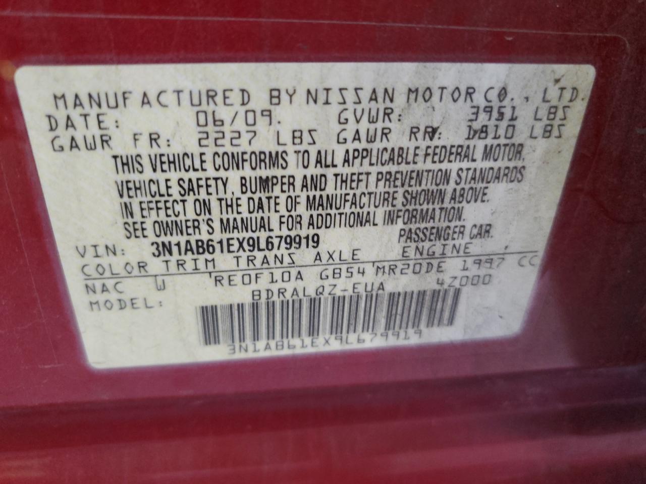 2009 Nissan Sentra 2.0 VIN: 3N1AB61EX9L679919 Lot: 61311295