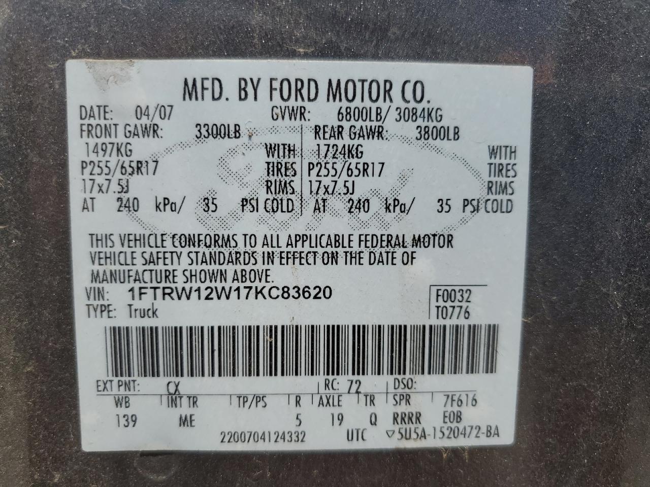2007 Ford F150 Supercrew VIN: 1FTRW12W17KC83620 Lot: 62362235