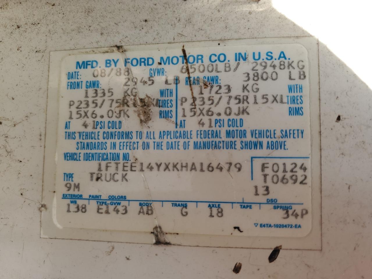 1989 Ford Econoline E150 Van VIN: 1FTEE14YXKHA16479 Lot: 59866955