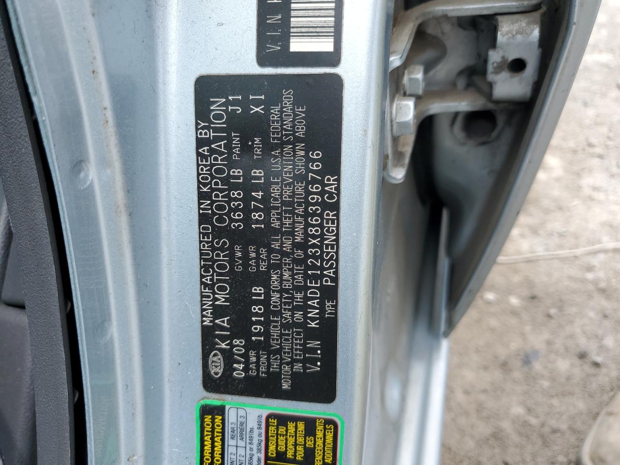 2008 Kia Rio Base VIN: KNADE123X86396766 Lot: 61716425