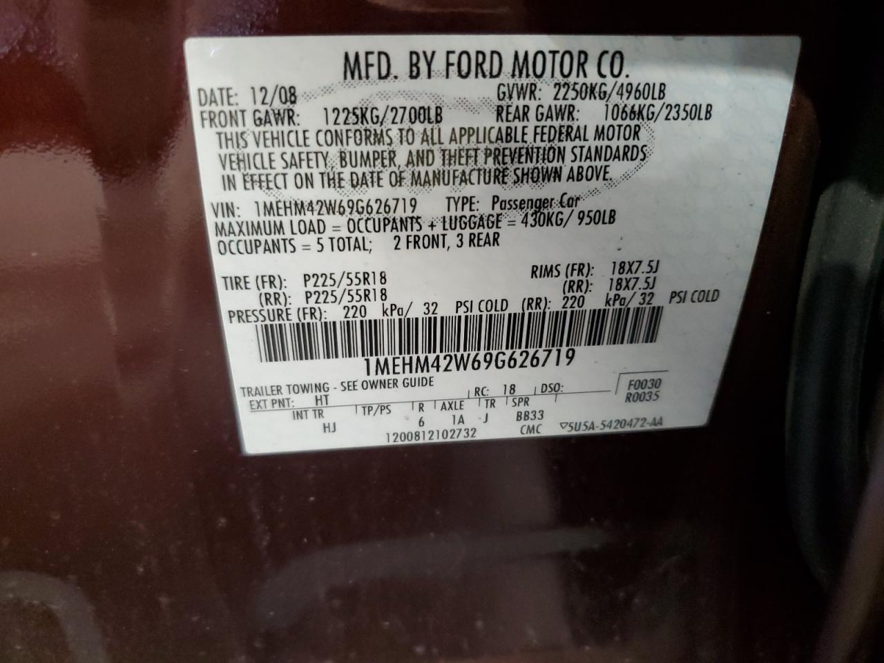 2009 Mercury Sable Premier VIN: 1MEHM42W69G626719 Lot: 62270835