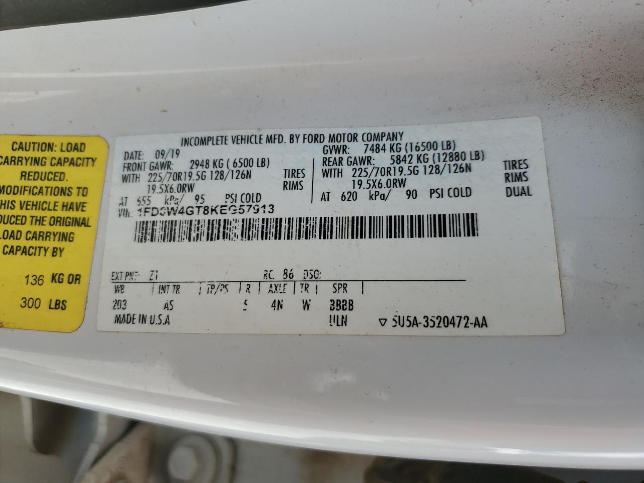 2019 Ford F450 Super Duty VIN: 1FD0W4GT8KEG57913 Lot: 60780215