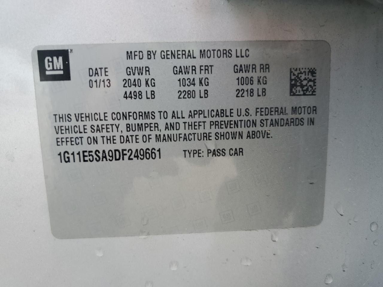 2013 Chevrolet Malibu 2Lt VIN: 1G11E5SA9DF249661 Lot: 60317695