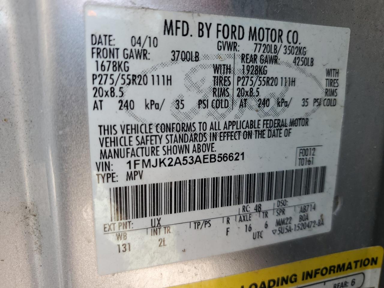 2010 Ford Expedition El Limited VIN: 1FMJK2A53AEB56621 Lot: 58759215