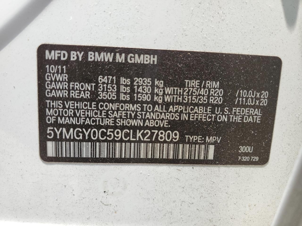 2012 BMW X5 M VIN: 5YMGY0C59CLK27809 Lot: 60211705