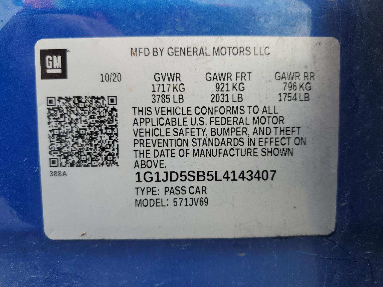2020 Chevrolet Sonic Lt VIN: 1G1JD5SB5L4143407 Lot: 59686985
