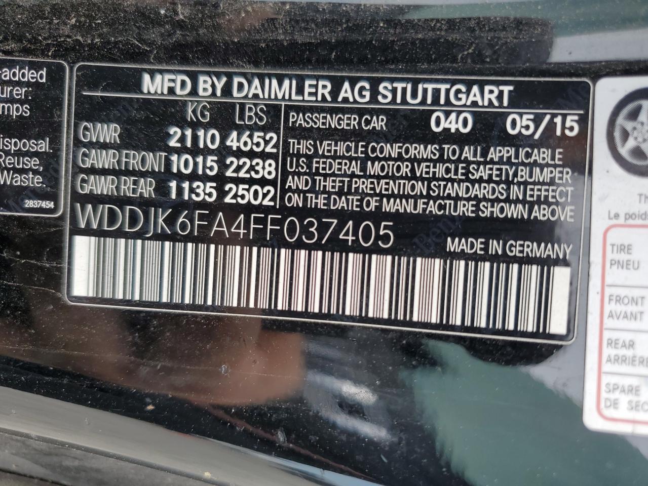 2015 Mercedes-Benz Sl 400 VIN: WDDJK6FA4FF037405 Lot: 61626415