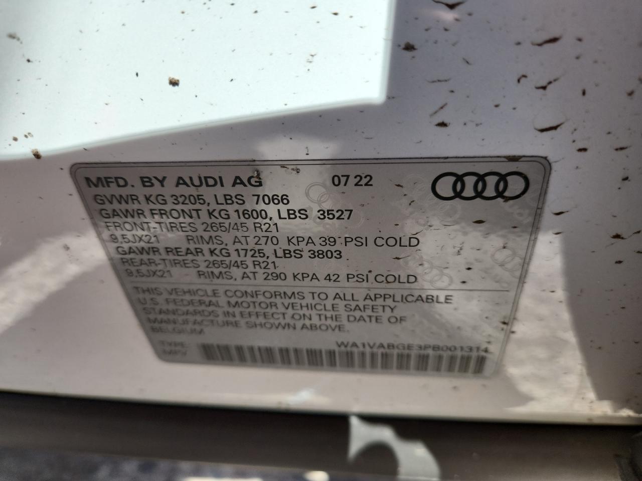 2023 Audi E-Tron Chronos VIN: WA1VABGE3PB001314 Lot: 61716595