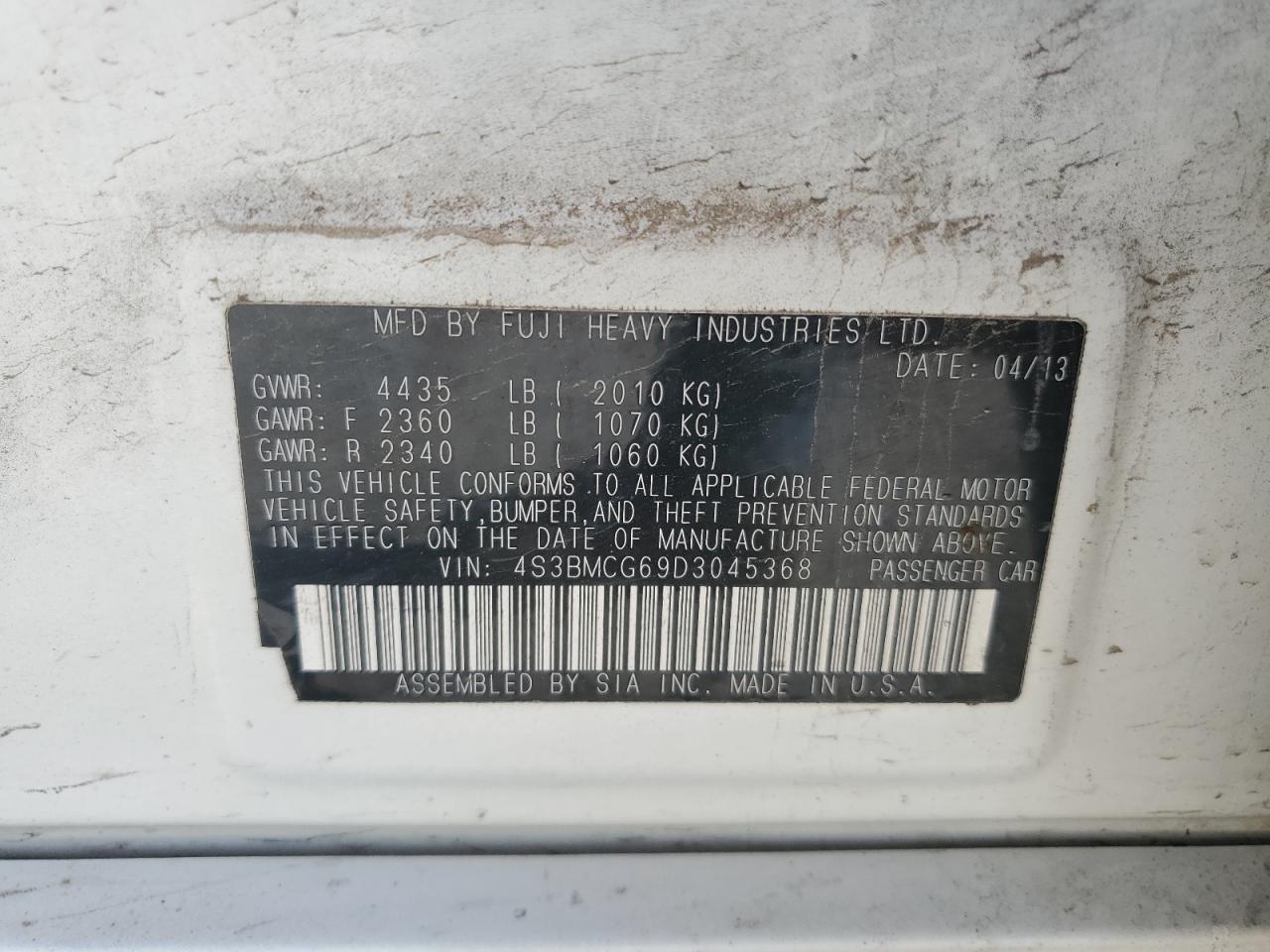 2013 Subaru Legacy 2.5I Premium VIN: 4S3BMCG69D3045368 Lot: 62183265