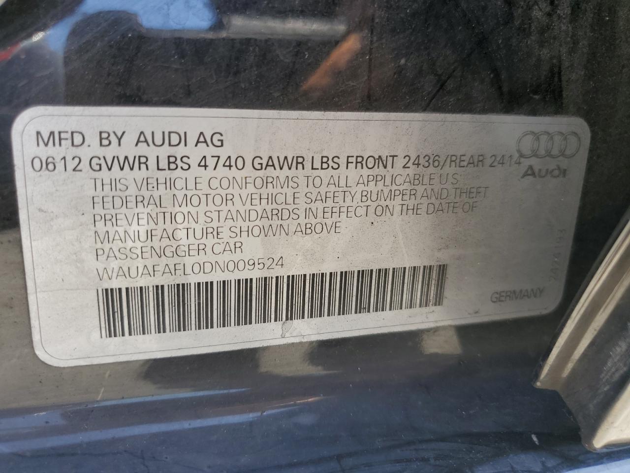 2013 Audi A4 Premium VIN: WAUAFAFL0DN009524 Lot: 62963125