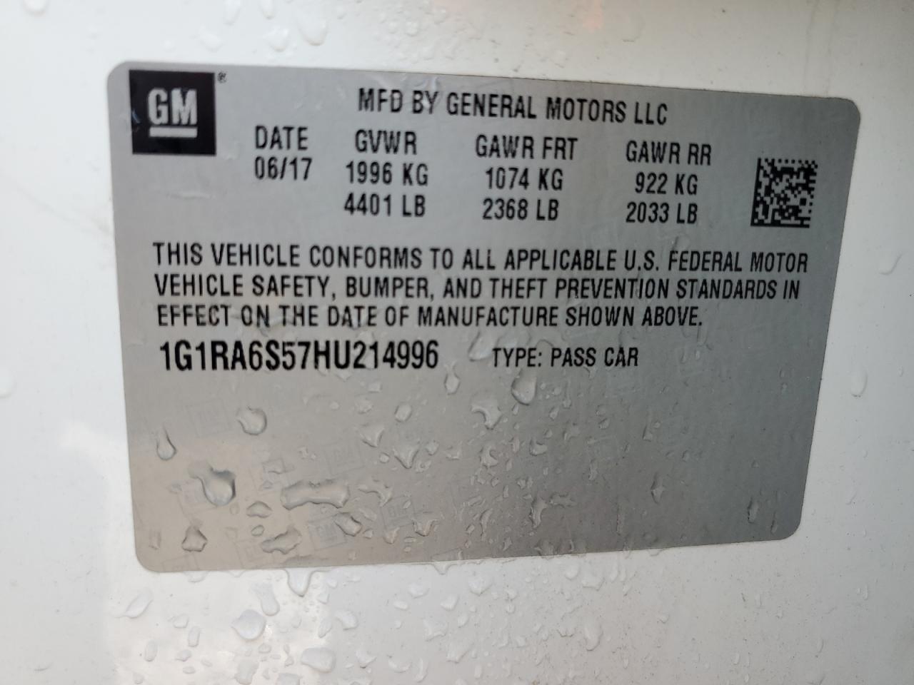 2017 Chevrolet Volt Lt VIN: 1G1RA6S57HU214996 Lot: 59792245