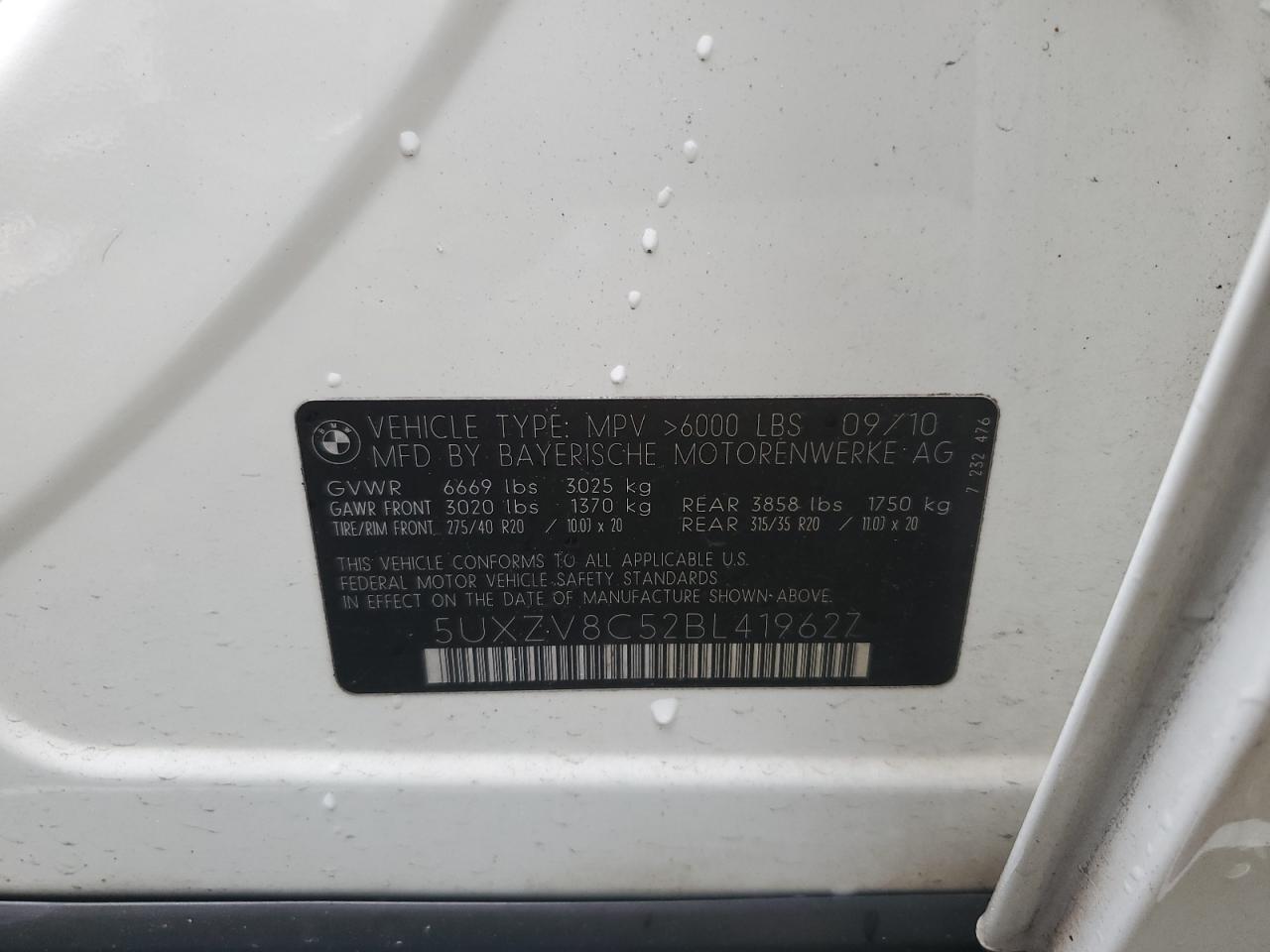 2011 BMW X5 xDrive50I VIN: 5UXZV8C52BL419627 Lot: 62774675