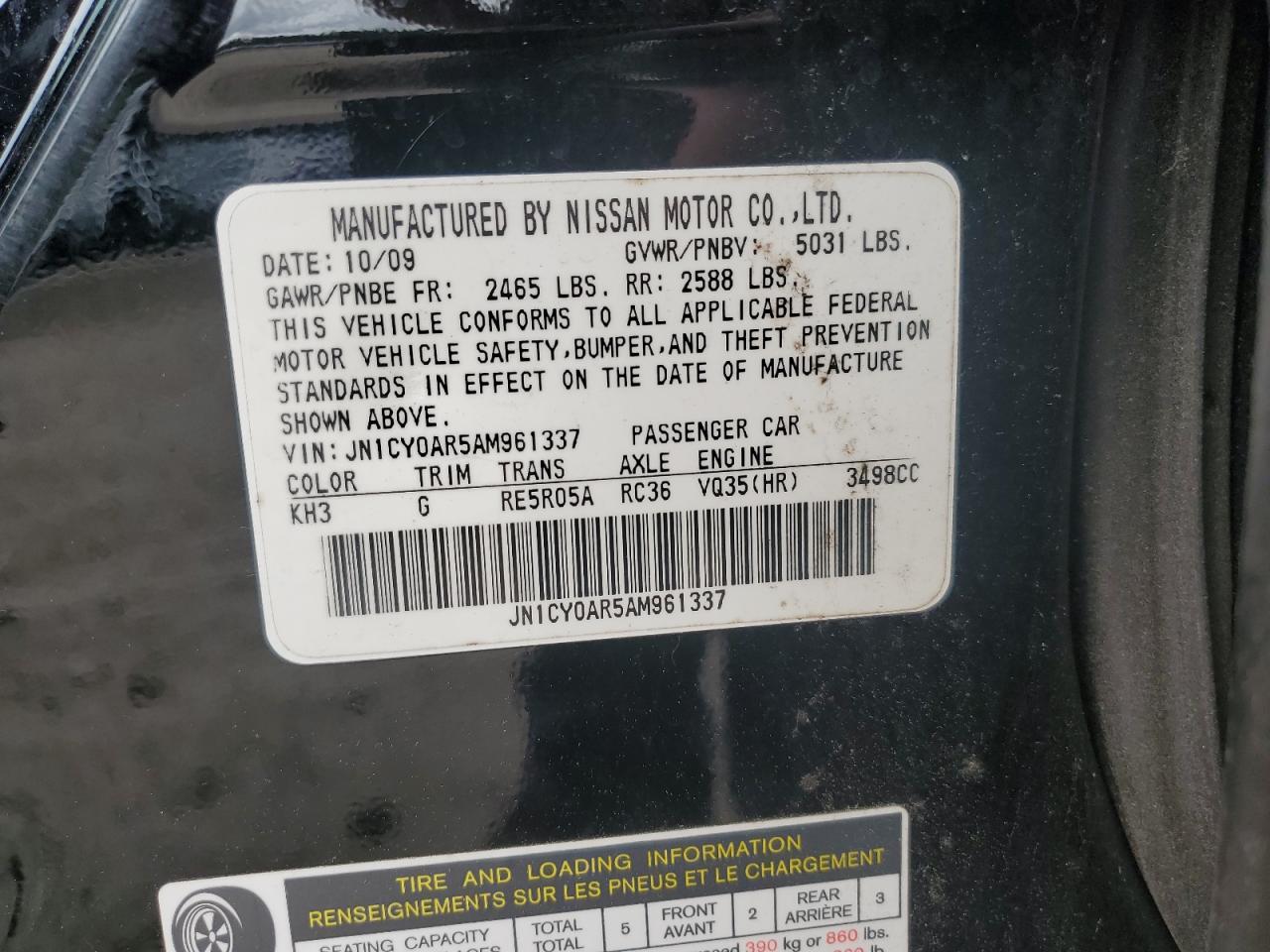 2010 Infiniti M35 Base VIN: JN1CY0AR5AM961337 Lot: 61493145
