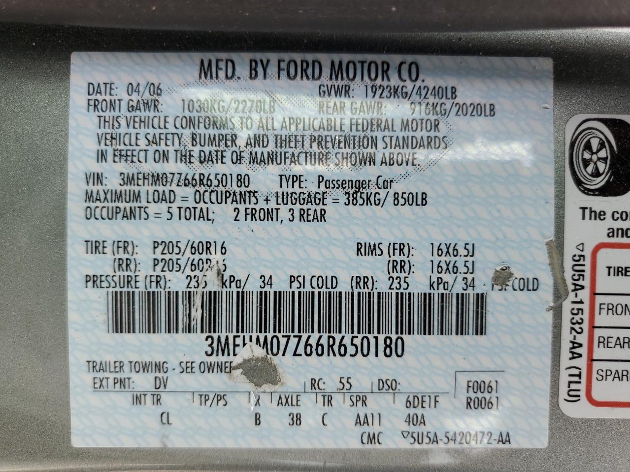 2006 Mercury Milan VIN: 3MEHM07Z66R650180 Lot: 58593345