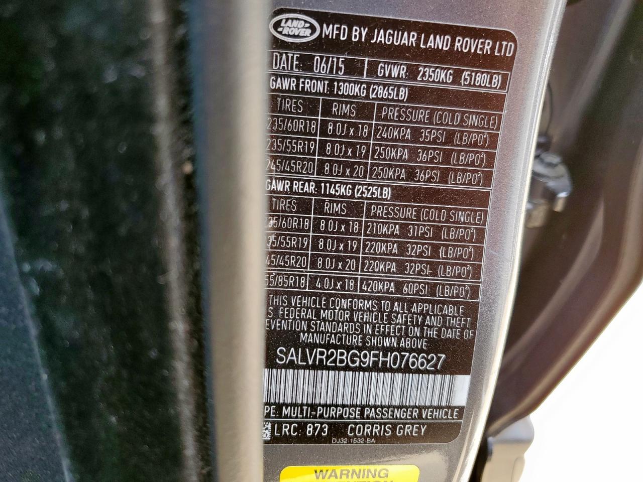 2015 Land Rover Range Rover Evoque Pure Premium VIN: SALVR2BG9FH076627 Lot: 59329215