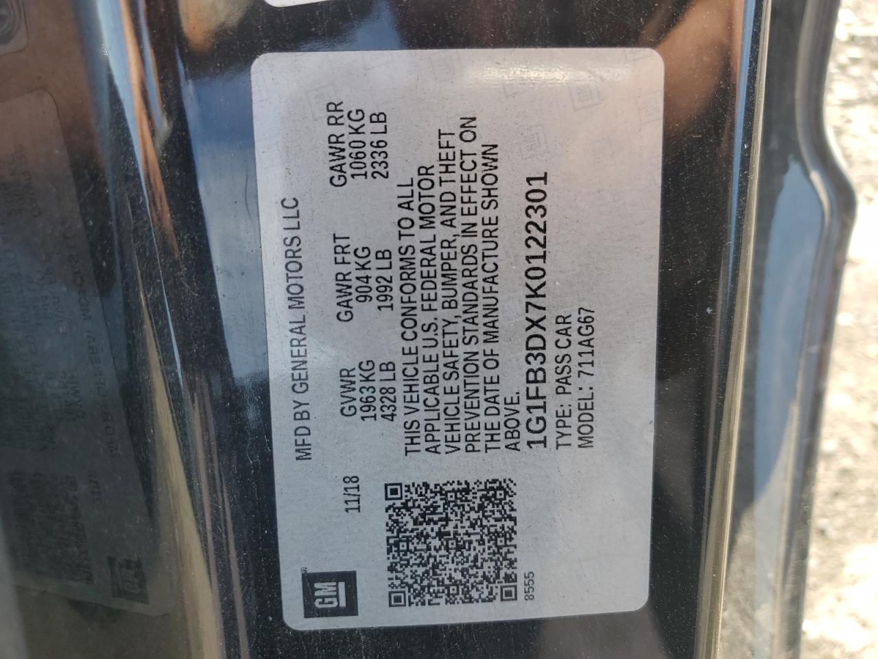 2019 Chevrolet Camaro Ls VIN: 1G1FB3DX7K0122301 Lot: 62346355