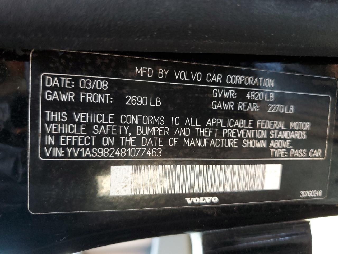 2008 Volvo S80 3.2 VIN: YV1AS982481077463 Lot: 60875405