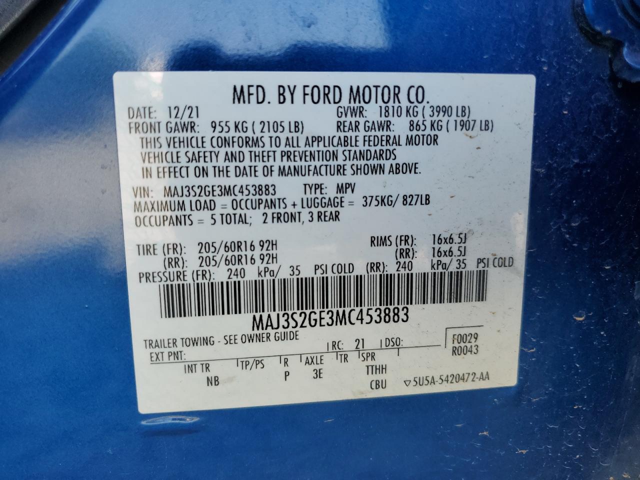 2021 Ford Ecosport Se VIN: MAJ3S2GE3MC453883 Lot: 61891055