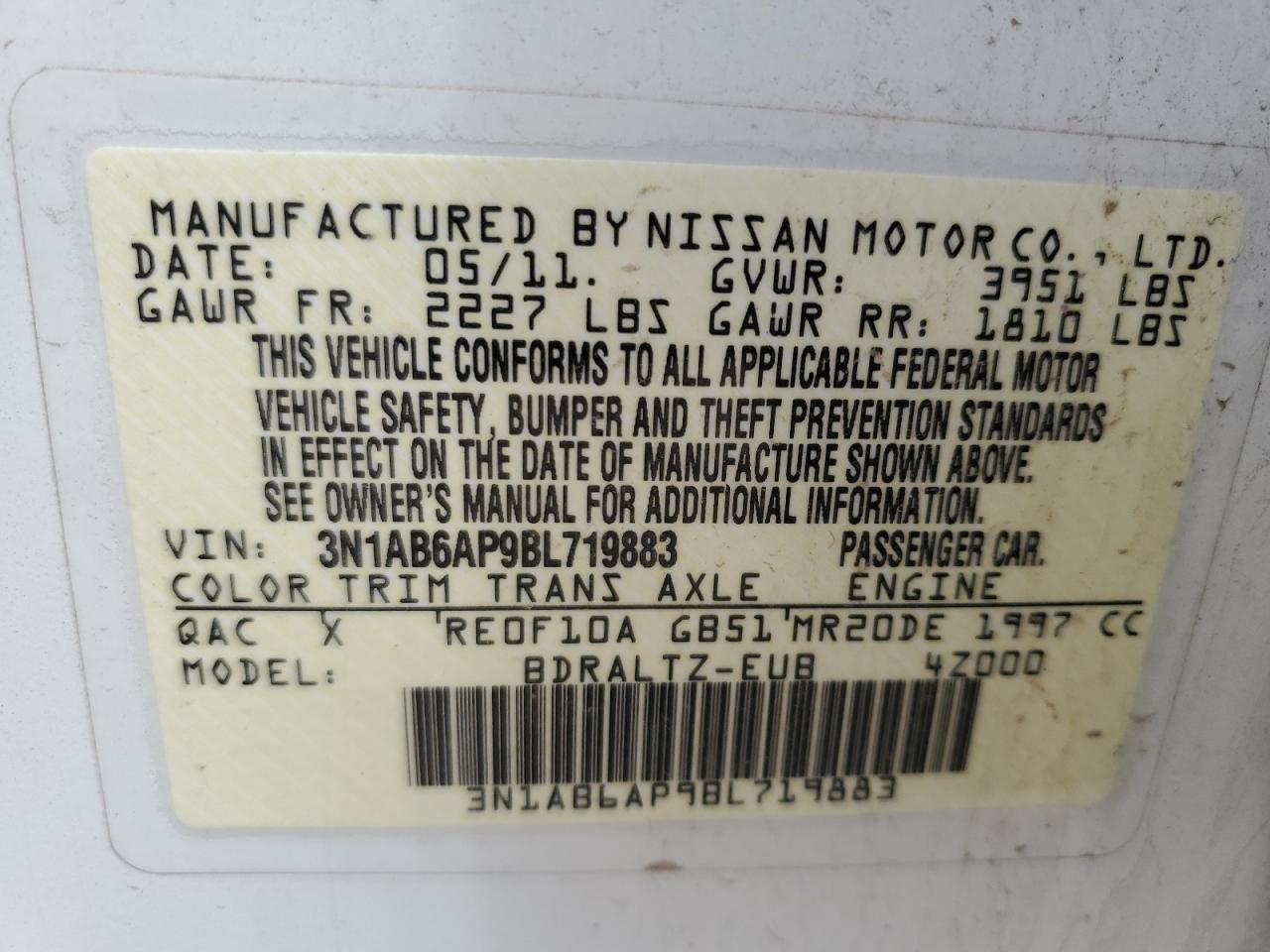 2011 Nissan Sentra 2.0 VIN: 3N1AB6AP9BL719883 Lot: 61221535