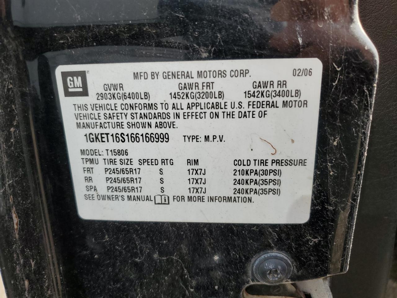2006 GMC Envoy Xl VIN: 1GKET16S166166999 Lot: 61928215